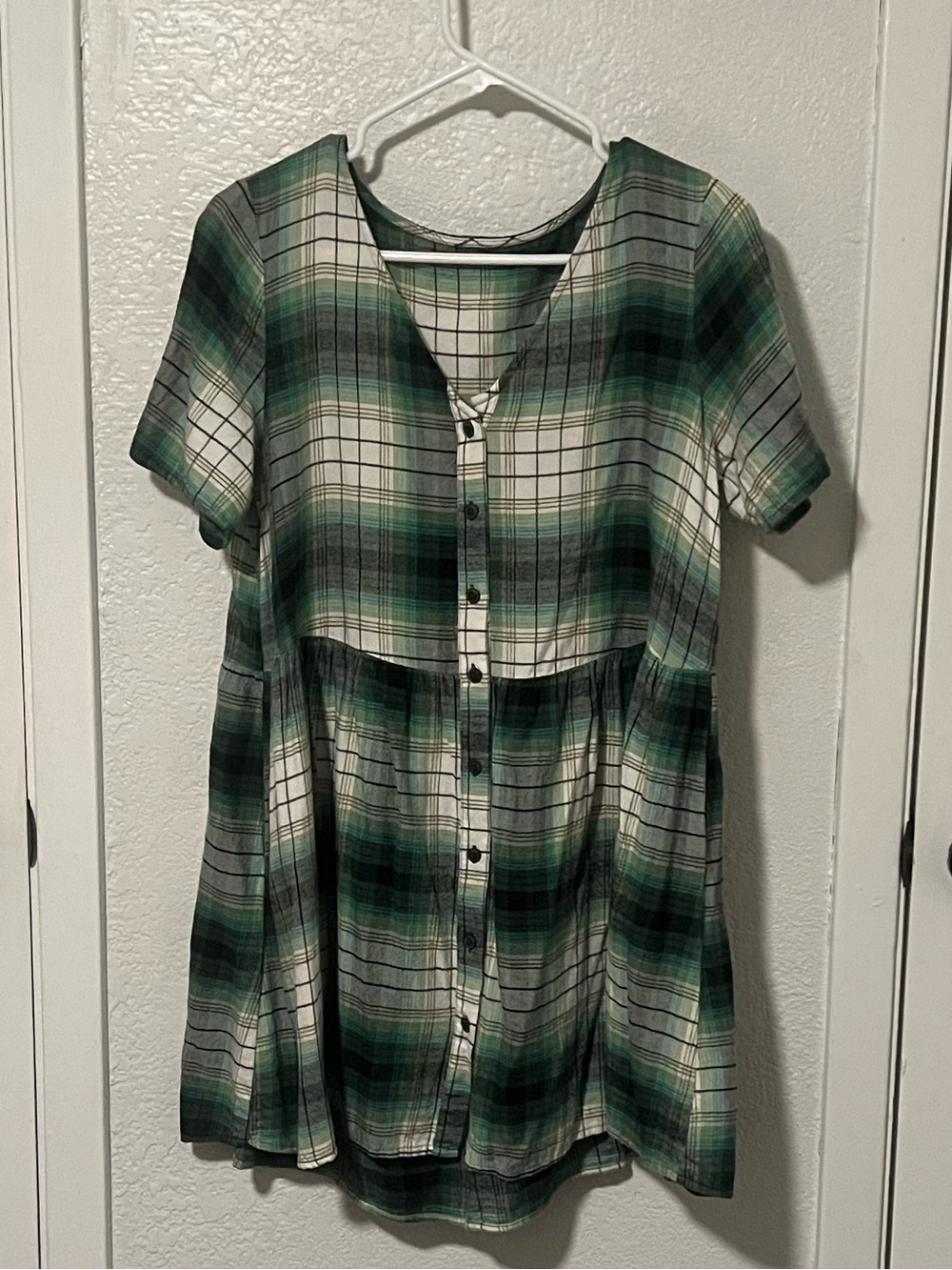 Plaid Button-Front Babydoll Tunic - Green